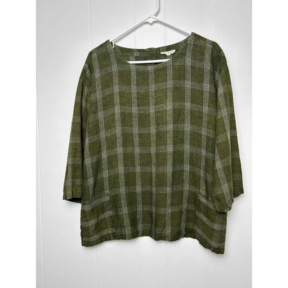 Eileen Fisher Catalan Organic Linen Plaid Patch Pocket‎ Top Petite S Oregano